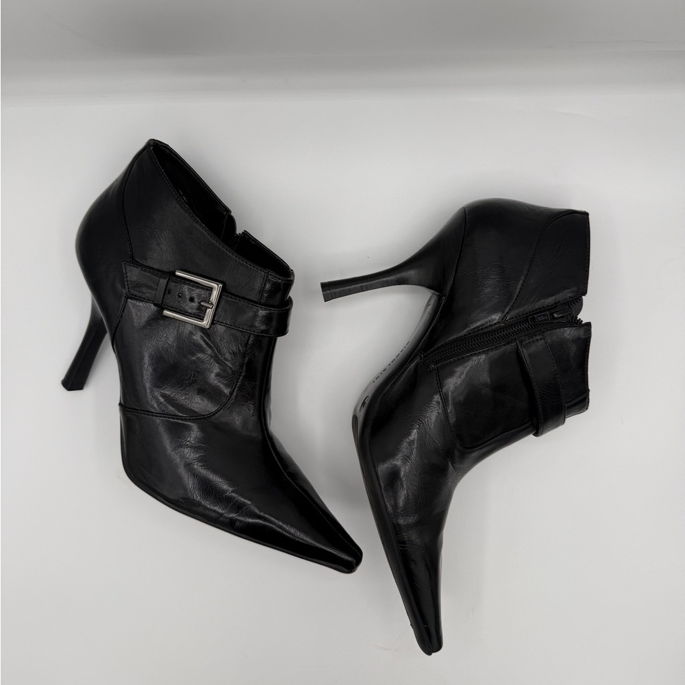 Gianni Bini Shiny Black Chrome Point Booties Zip Up Women’s Size 10 Stilettos